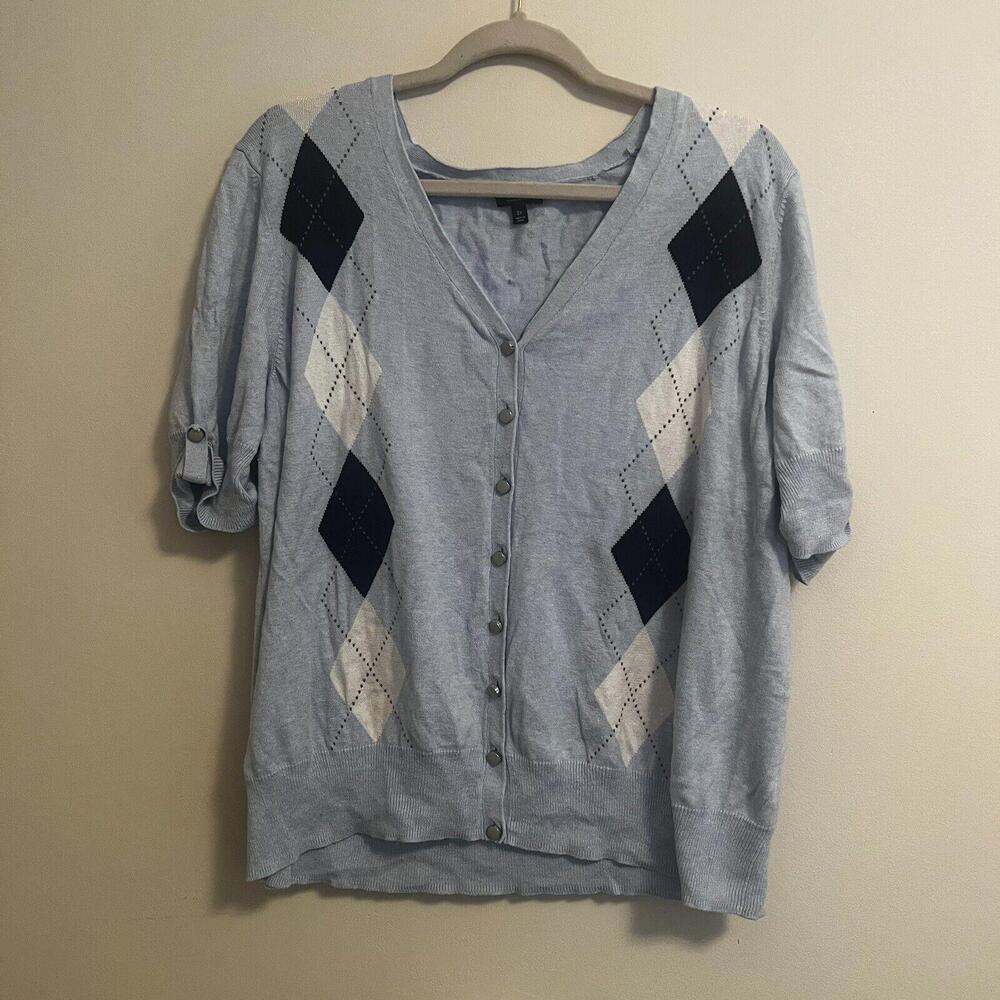 Talbots Geometric Silk Blend blue argyle cardigan SZ 3x